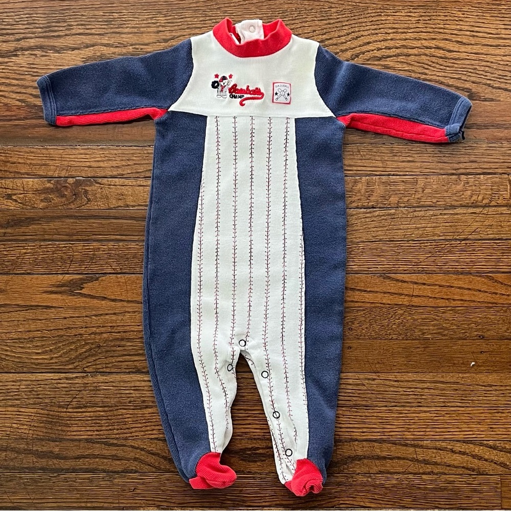 Vintage 90s Baby Boy Embroidered Baseball Footed Romper 6M Teddy Bear